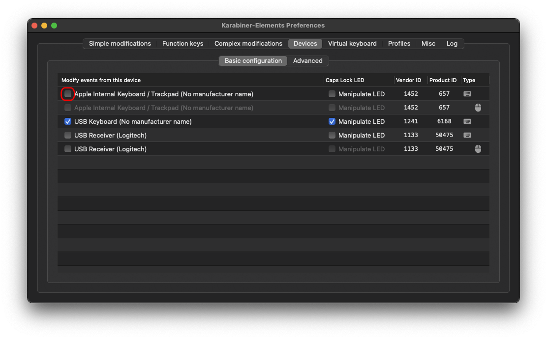 Karabiner Elements Devices