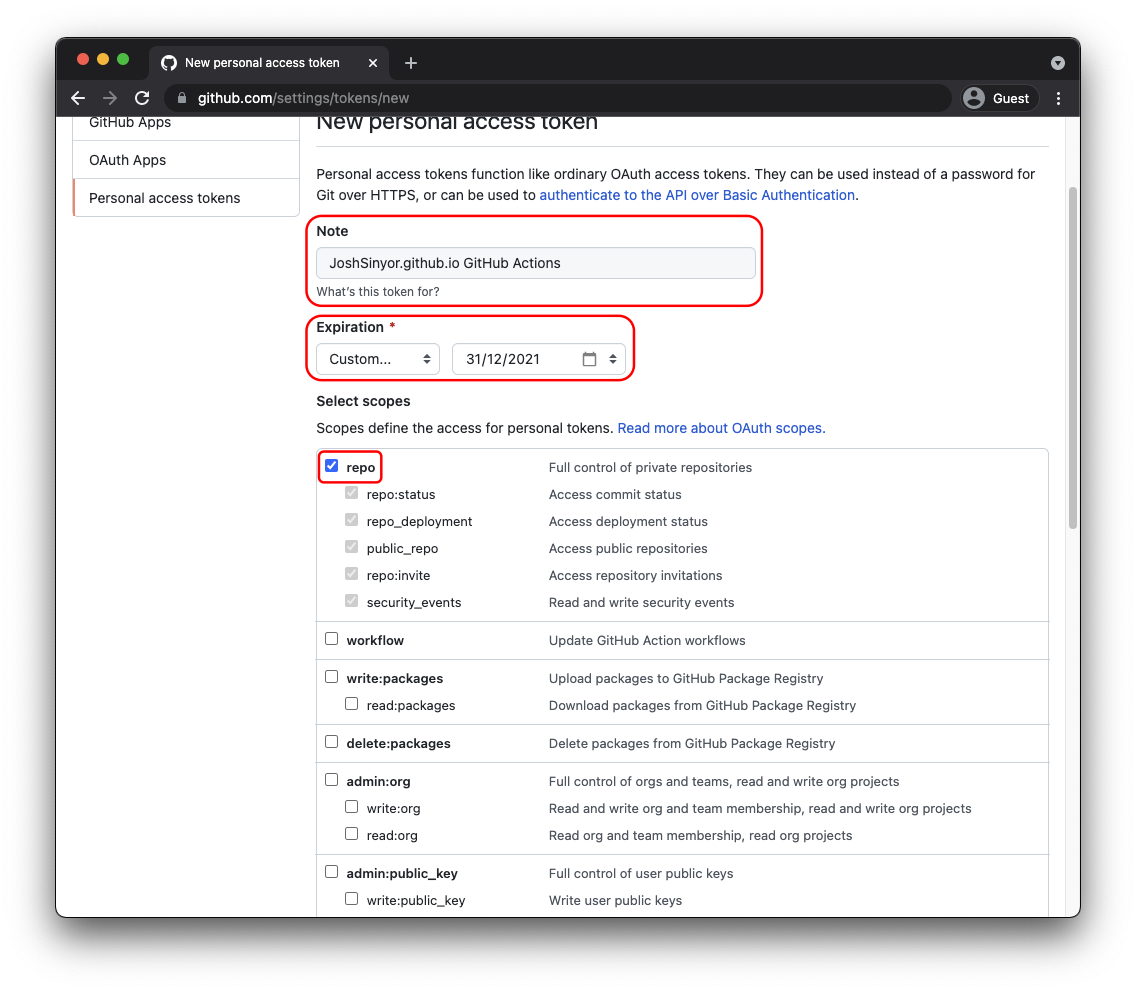 Generating a New Personal Access Token